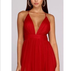 RED/BURGUNDY Pleated Tulle Formal Dress